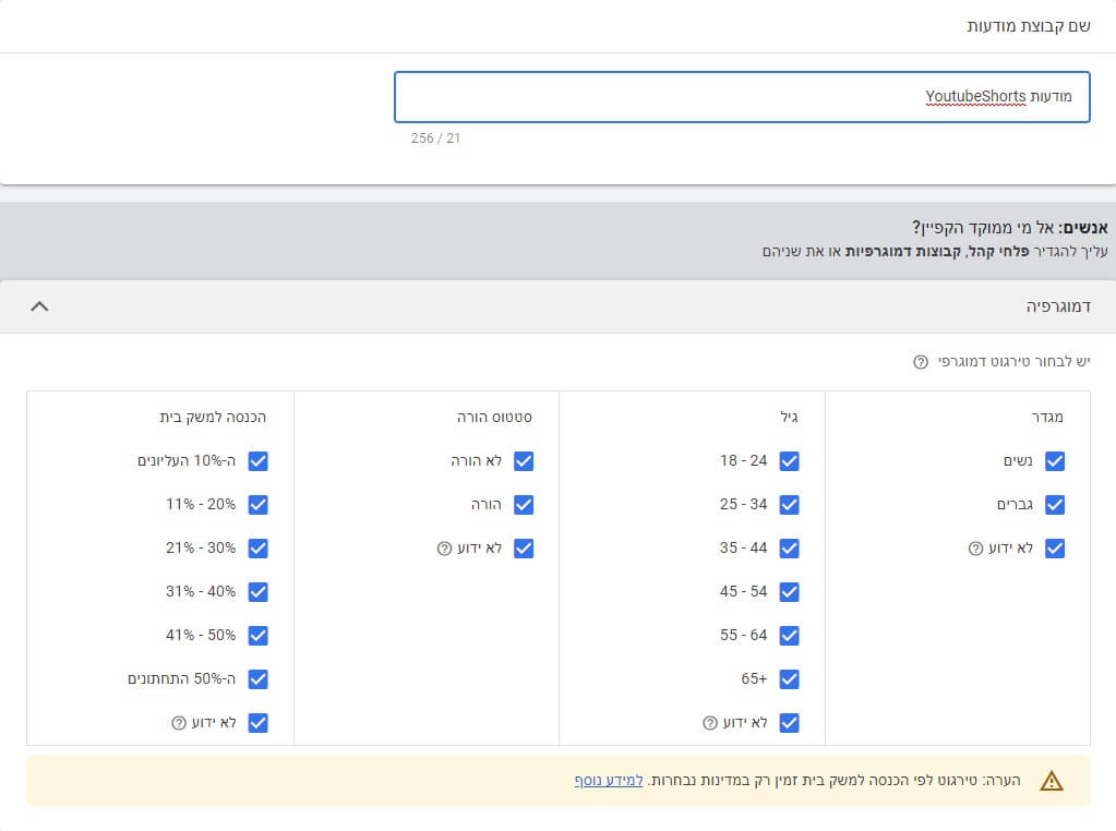 קבוצת מודעות וקהל שורטס